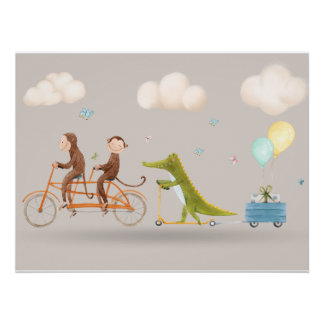 Whimsical Animals on Bicycle Nursery Wall art  Poster