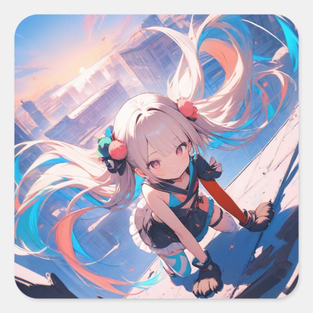 Whimsical Anime Girl in Motion Quadratischer Aufkleber (Vorderseite)