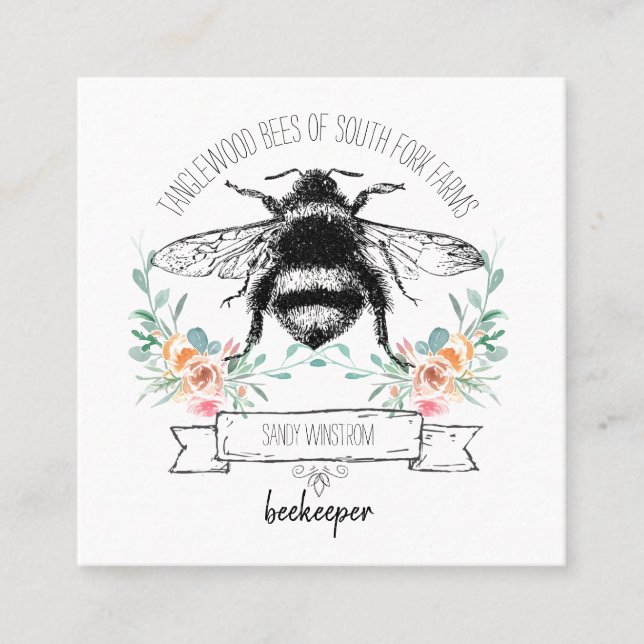 Whimsical Apiary Elegant Honey Beekeeper-Logo Quadratische Visitenkarte (Vorderseite)