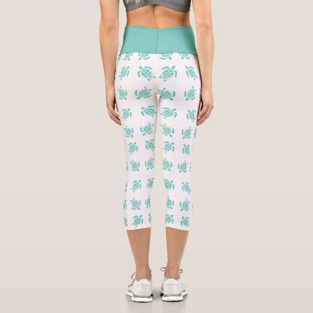 Whimsical Aqua Blue Sea Turtles Nautical Pattern Capri Leggings (Rückseite)