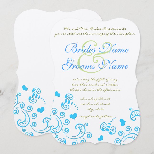 Whimsical Aqua Bumble Bee Swirl Wedding Einladung (Vorne/Hinten)