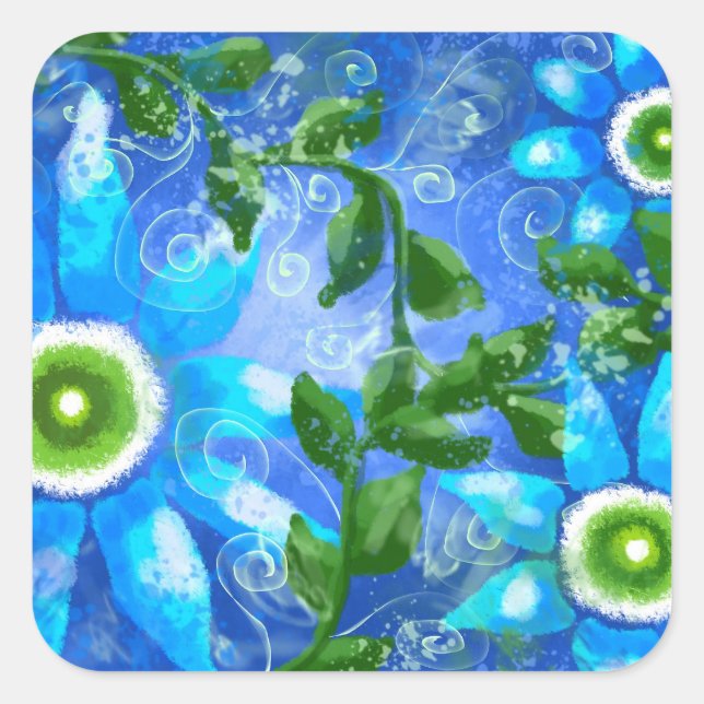 Whimsical Aquamarin Blue Green Floral Blume Blume Quadratischer Aufkleber (Vorderseite)