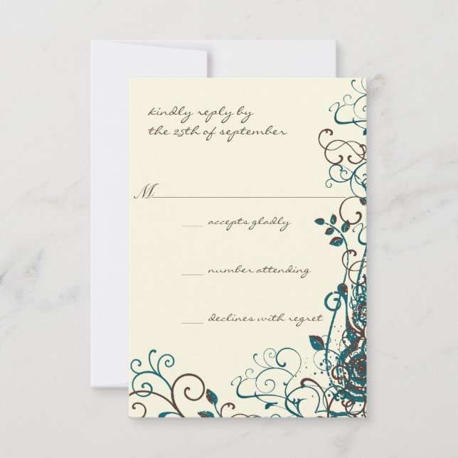 Whimsical Aquamarin & Brown Swirl Wedding RSVP (Vorderseite)