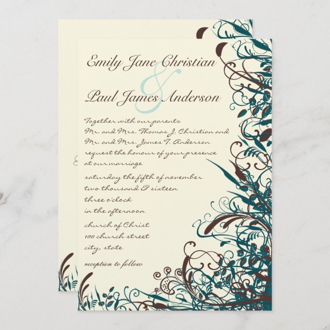 Whimsical Aquamarin & Brown Wirbel Hochzeit Einlad Einladung (Vorne/Hinten)