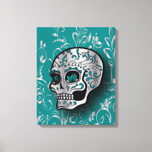 Whimsical Aquamarin und Silver Sugar Skull Leinwanddruck