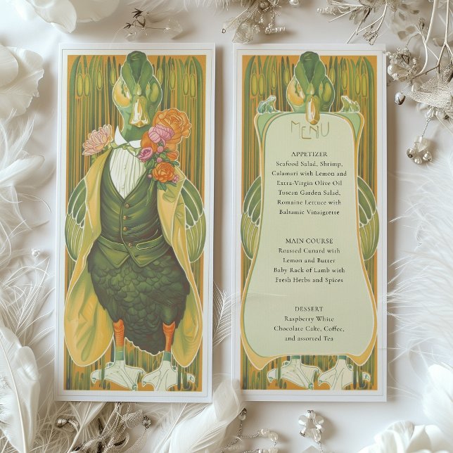 Whimsical Art Deco Duck Wedding Menu Card Einladung (Von Creator hochgeladen)