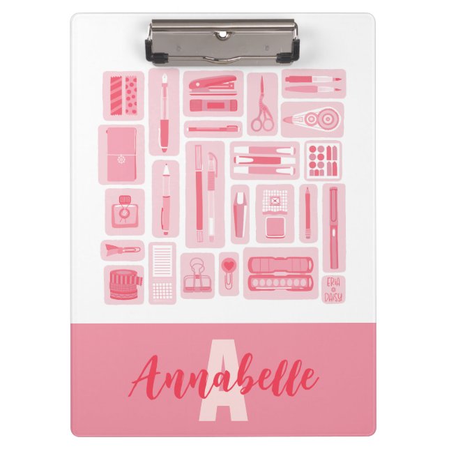 Whimsical Art liefert rosa Muster Monogramm Klemmbrett (Vorderseite)