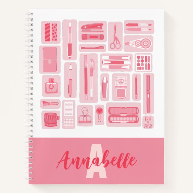 Whimsical Art liefert rosa Muster Monogramm Notizbuch (Vorderseite)