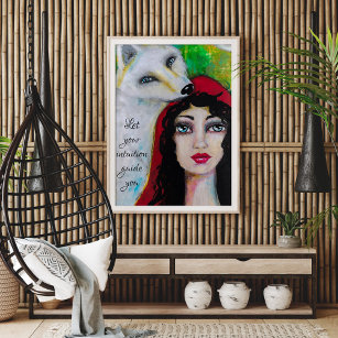 Whimsical Art Woman Inspiration Zitat White Wolf Poster