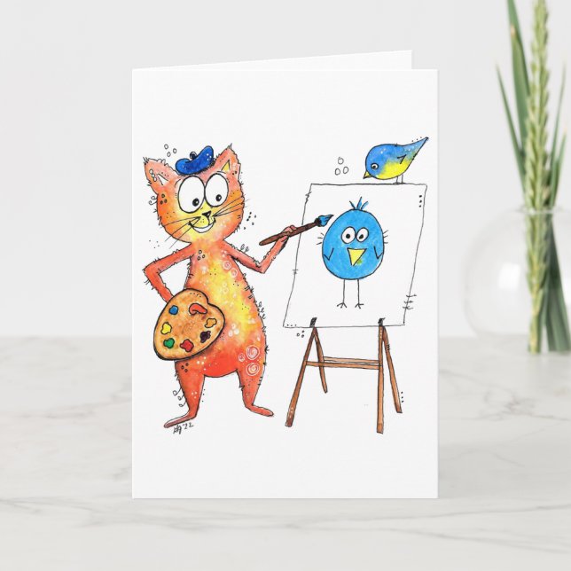 Whimsical Artist Cat Painting a Bird Karte (Vorderseite)