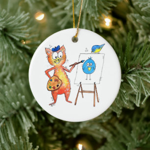 Whimsical Artist Cat Painting a Bird Keramik Ornament