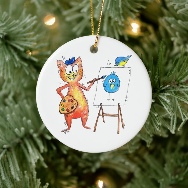 Whimsical Artist Cat Painting a Bird Keramik Ornament (Baum)