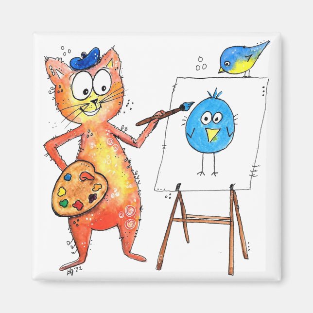 Whimsical Artist Cat Painting a Bird Magnet (Vorne)
