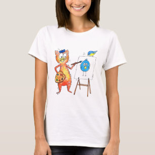 Whimsical Artist Cat Painting a Bird T-Shirt