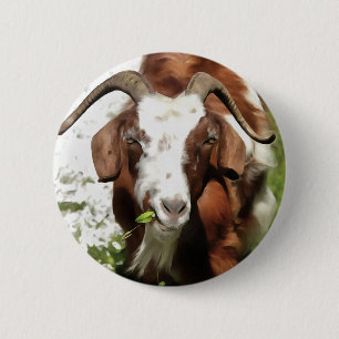 Whimsical Artistic Portrait of a Goat Grazing Button