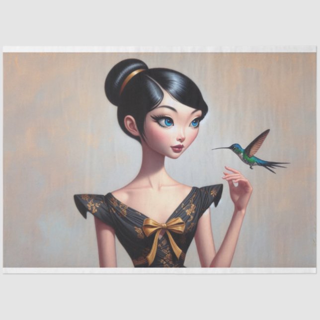 Whimsical Asian Girl with Hummingbird Decoupage Seidenpapier (Vorderseite)