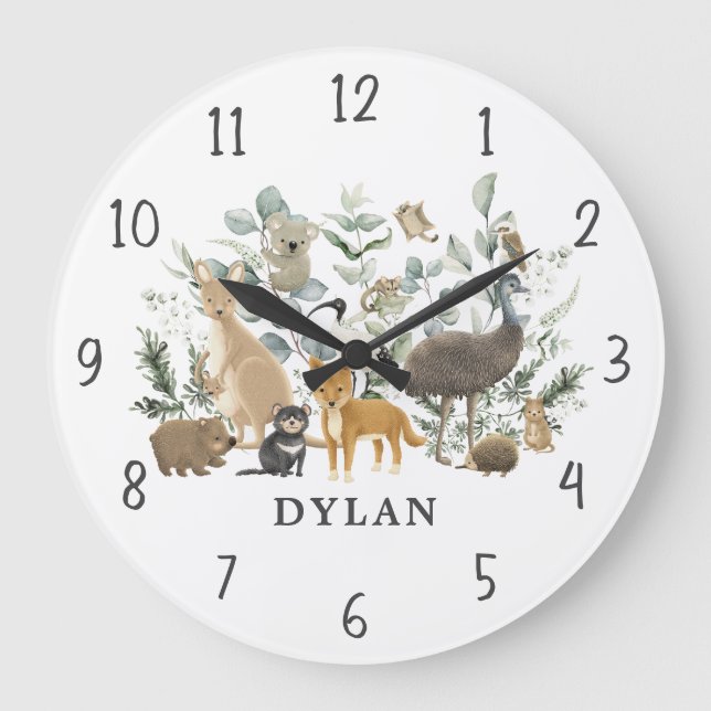 Whimsical Australian Animals Greenery Boy Kinderzi Große Wanduhr (Vorderseite)
