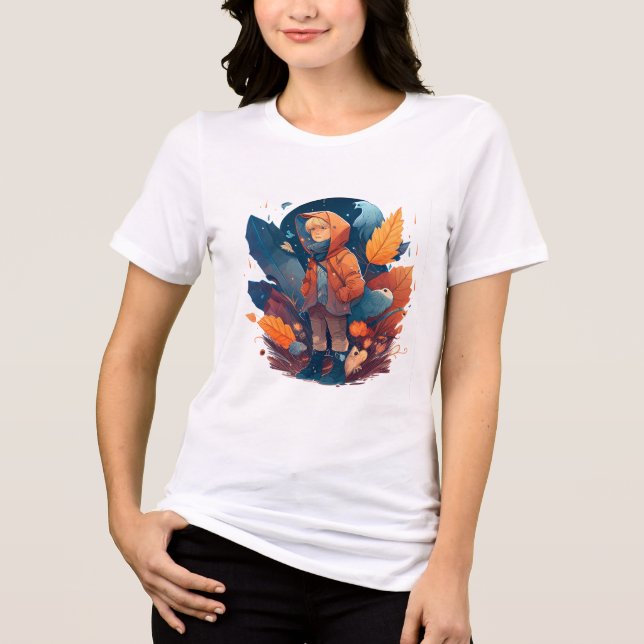 Whimsical Autumn Boy in Forest Fantasy Graphic  Tri-Blend Shirt (Vorderseite)