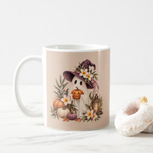 Whimsical Autumn Ghost with Pumpkins and Flowers Kaffeetasse