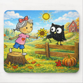 Whimsical Autumn Girl and Owl Mousepad