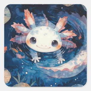 Whimsical Axolotl in den Gewässern von Moonlit Quadratischer Aufkleber