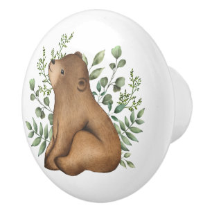 Whimsical Baby Bear Woodland Forest Greenery Keramikknauf