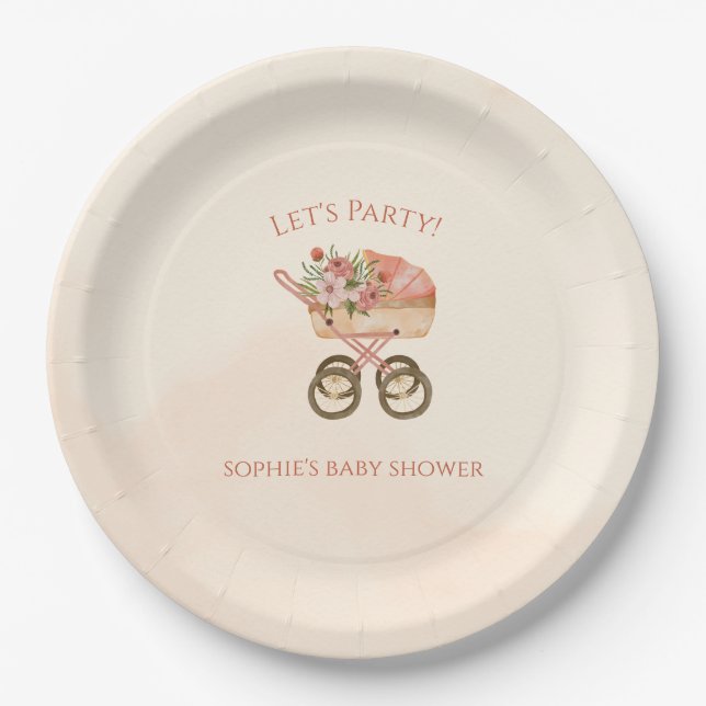 Whimsical Baby Carriage Floral Baby Shower Pappteller (Vorderseite)