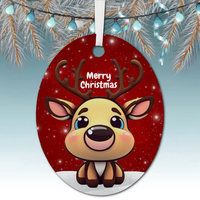 Whimsical Baby Deer Snowy Christmas Berry Red 🎄🦌 Ornament Aus Metall (Customizable Whimsical Funny Reindeer Snowy Christmas Berry Red Ornament Editable Text Fun Deer 🦌🎄)