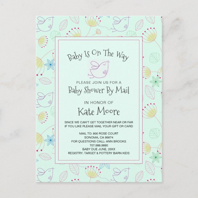 Whimsical Baby Dusche by Mail Baby Bird Floral Einladungspostkarte (Vorderseite)
