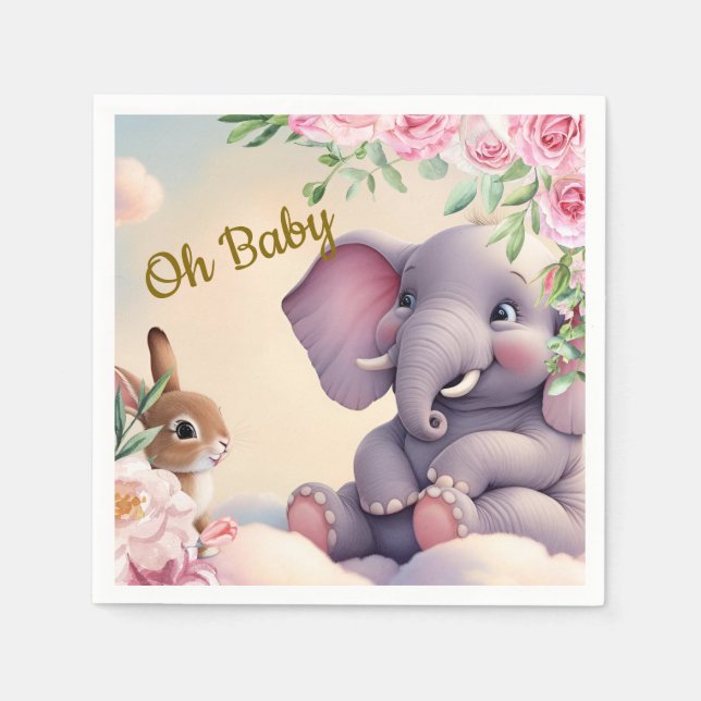 Whimsical Baby Elephant and Bunny Kinderzimmer Pri Serviette (Vorderseite)