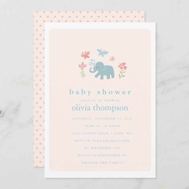Whimsical Baby Elephant Baby Shower Einladung (Vorne/Hinten)