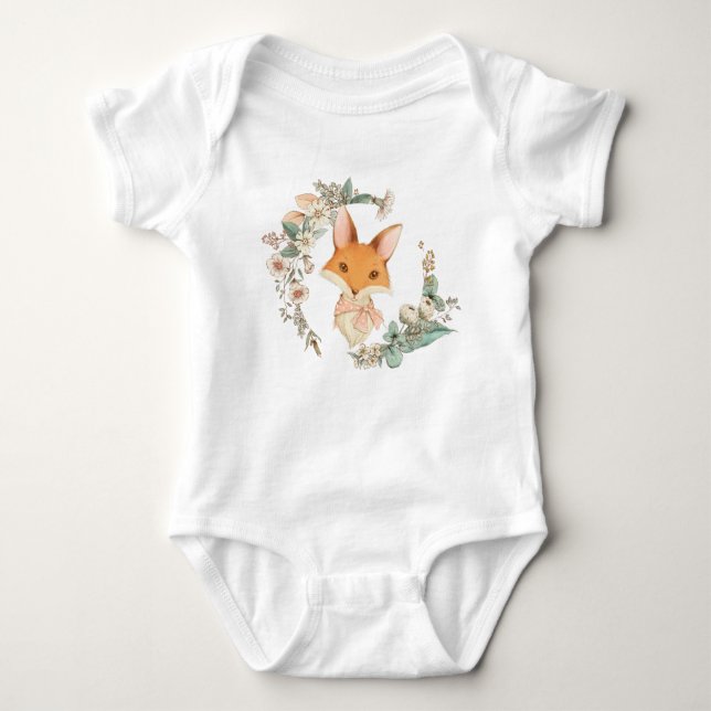 Whimsical Baby Girl Fox im Blumenkranz Baby Strampler (Vorderseite)