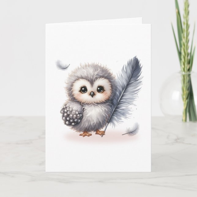 Whimsical Baby Owl with FallFeathers Blank Karte (Vorderseite)
