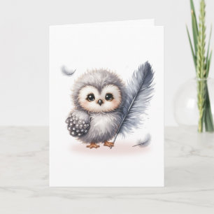 Whimsical Baby Owl with FallFeathers Blank Karte