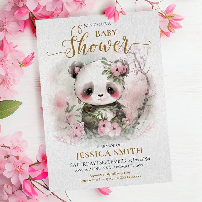 Whimsical Baby Panda & Cherry Blossom Babydusche Einladung (Whimsical Girl Baby Panda & Cherry Blossoms Invitation: Cute, Playful, Irresistible! )