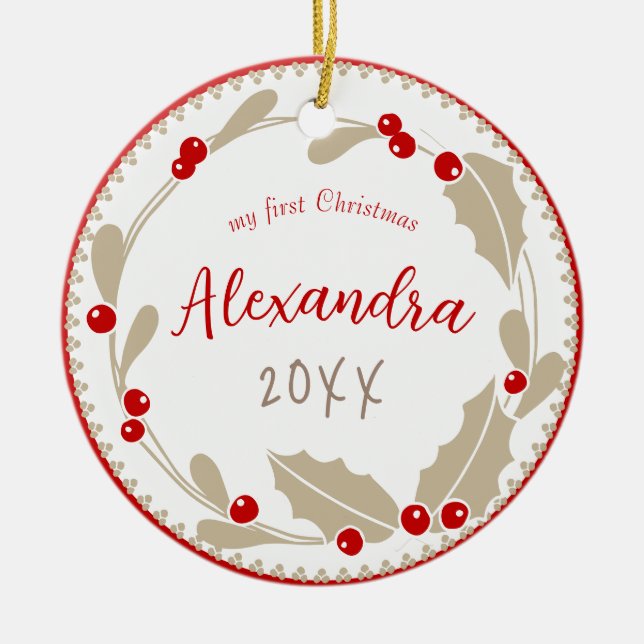 Whimsical Baby's First Christmas Foto | Rote Beige Keramik Ornament (Vorne)