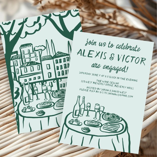 Whimsical Balconi Dinner Custom Engagement Party Einladung (Whimsical Balcony Dinner Custom Engagement Party Invitation Green Couples Shower Doodle Sketch Cute
)