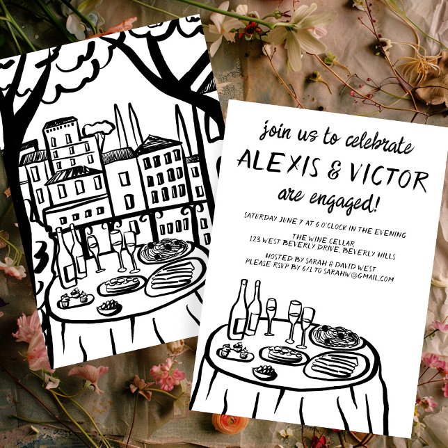 Whimsical Balconi Dinner Custom Engagement Party Einladung (Whimsical Balcony Dinner Custom Engagement Party Invitation Wine Couples Shower Sketch Doodle Trend
)