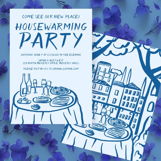 Whimsical Balcony Apartment Custom Housewarming Einladung (Whimsical Balcony Apartment Custom Housewarming Invitation Trendy Cute Doodle Quirky Hand drawn)