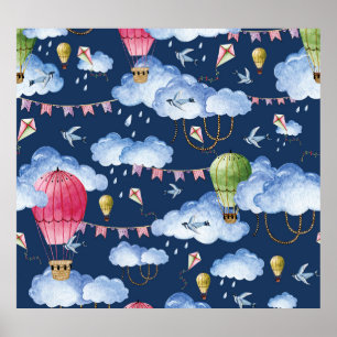 Whimsical Balloons: Watercolor Cloud Pattern Poster
