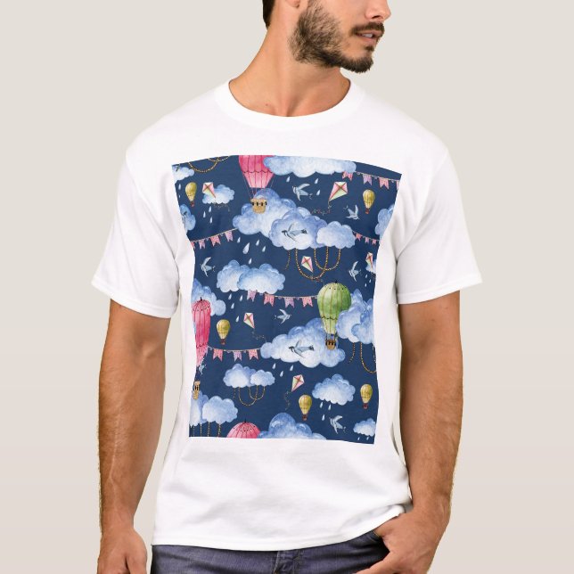 Whimsical Balloons: Watercolor Cloud Pattern T-Shirt (Vorderseite)