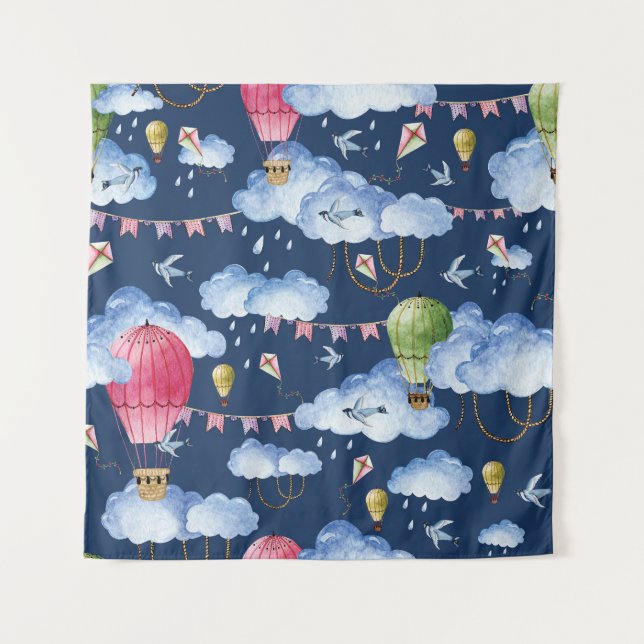 Whimsical Balloons: Watercolor Cloud Pattern Wandteppich (Vorderseite)