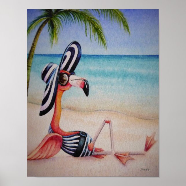 Whimsical Beach Babe Flamingo 1 Wasserfarbe 11x14 Poster (Vorne)