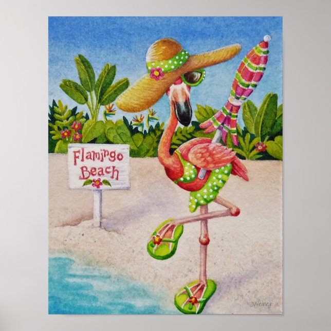 Whimsical Beach Babe Flamingo 2 Wasserfarbe 11x14 Poster (Vorne)