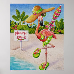 Whimsical Beach Babe Flamingo 2 Wasserfarbe 16x20 Poster