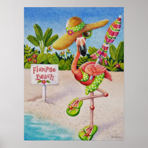 Whimsical Beach Babe Flamingo 2 Wasserfarbe 18x24 Poster