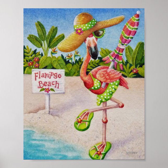 Whimsical Beach Babe Flamingo 2 Wasserfarbe 8x10 Poster (Vorne)