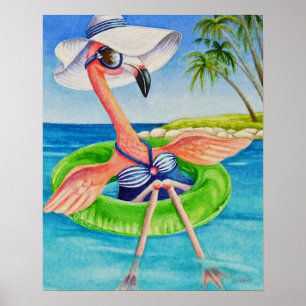 Whimsical Beach Babe Flamingo 3 Wasserfarbe 16x20 Poster