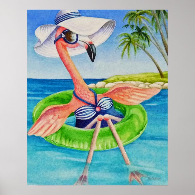 Whimsical Beach Babe Flamingo 3 Wasserfarbe 16x20 Poster (Vorne)