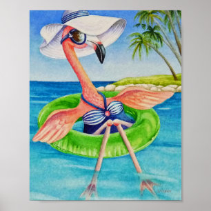 Whimsical Beach Babe Flamingo 3 Wasserfarbe 8x10 Poster
